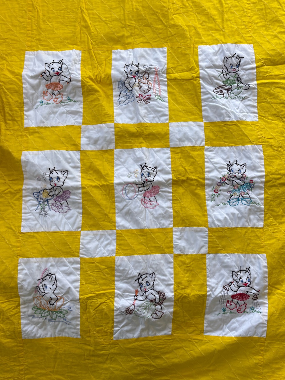 Vintage Clever Pixies Embroidered Throw Quilt